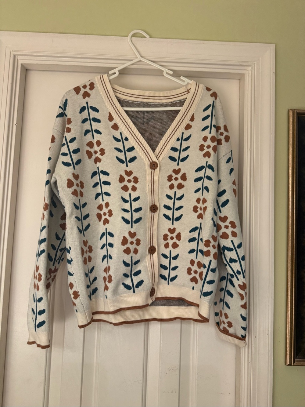 Cream Floral Knit Cardigan Sweater Women’s M Cottagecore Folk Button Front
